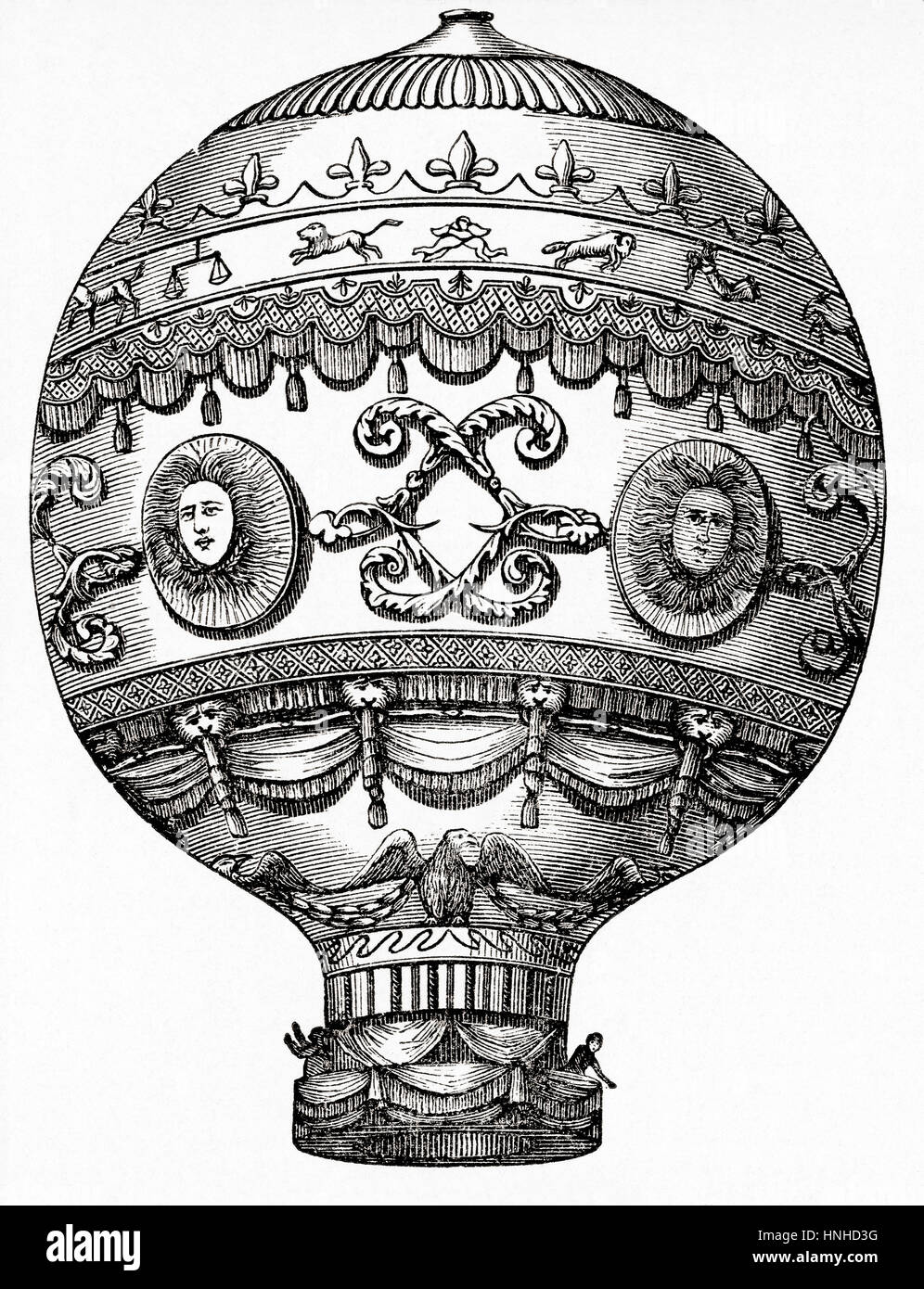 Il fratello Montgolfier la mongolfiera, Aérostat Réveillon, lanciato nella prima salita pilotato a Versailles, Francia nel 1783. Da Meyers lessico, pubblicato nel 1927. Foto Stock