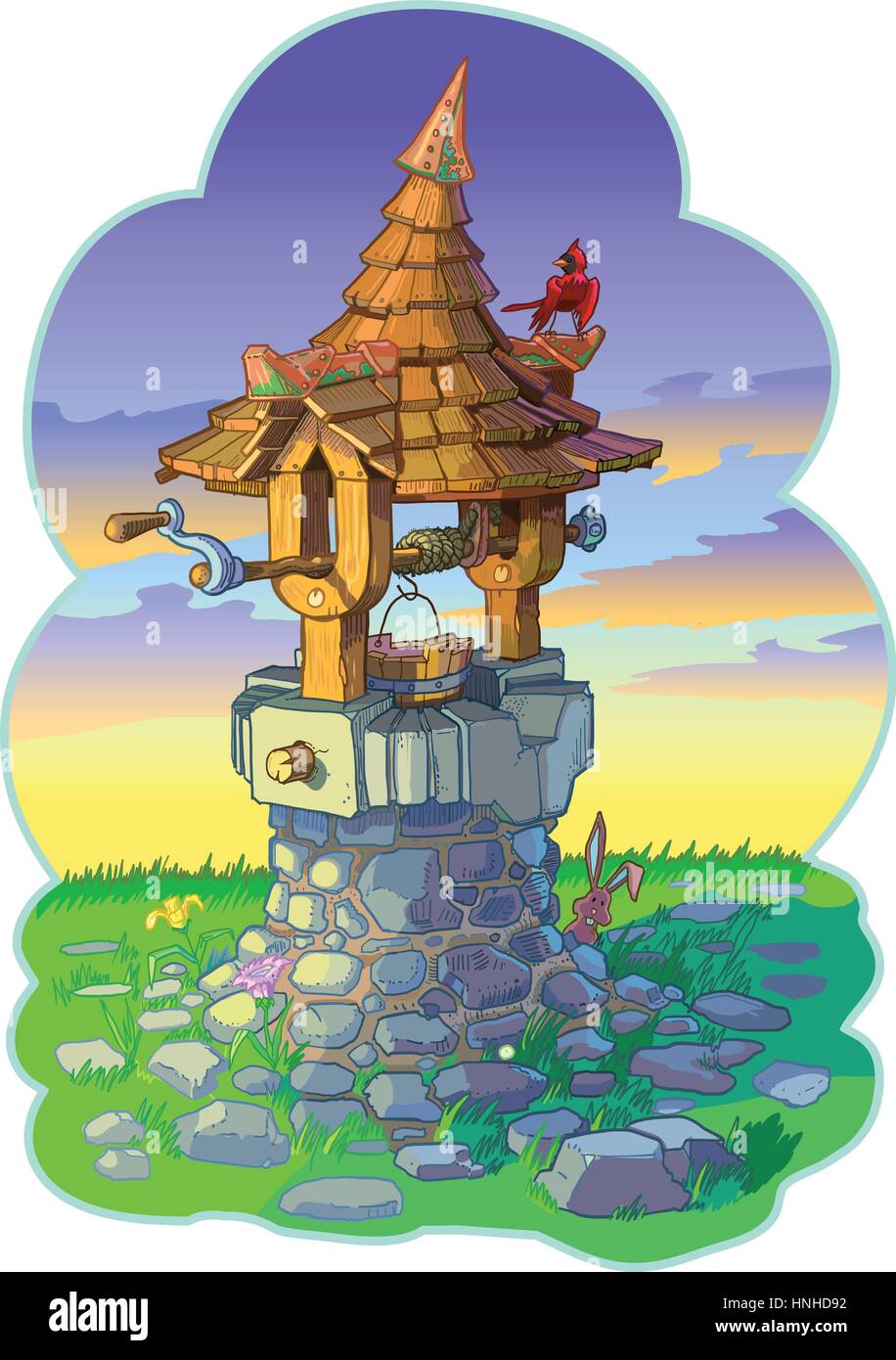 Vector cartoon clip art illustrazione di un vecchio fantasia o fiaba wishing well con un cardinale bird e un coniglio o bunny. Illustrazione Vettoriale