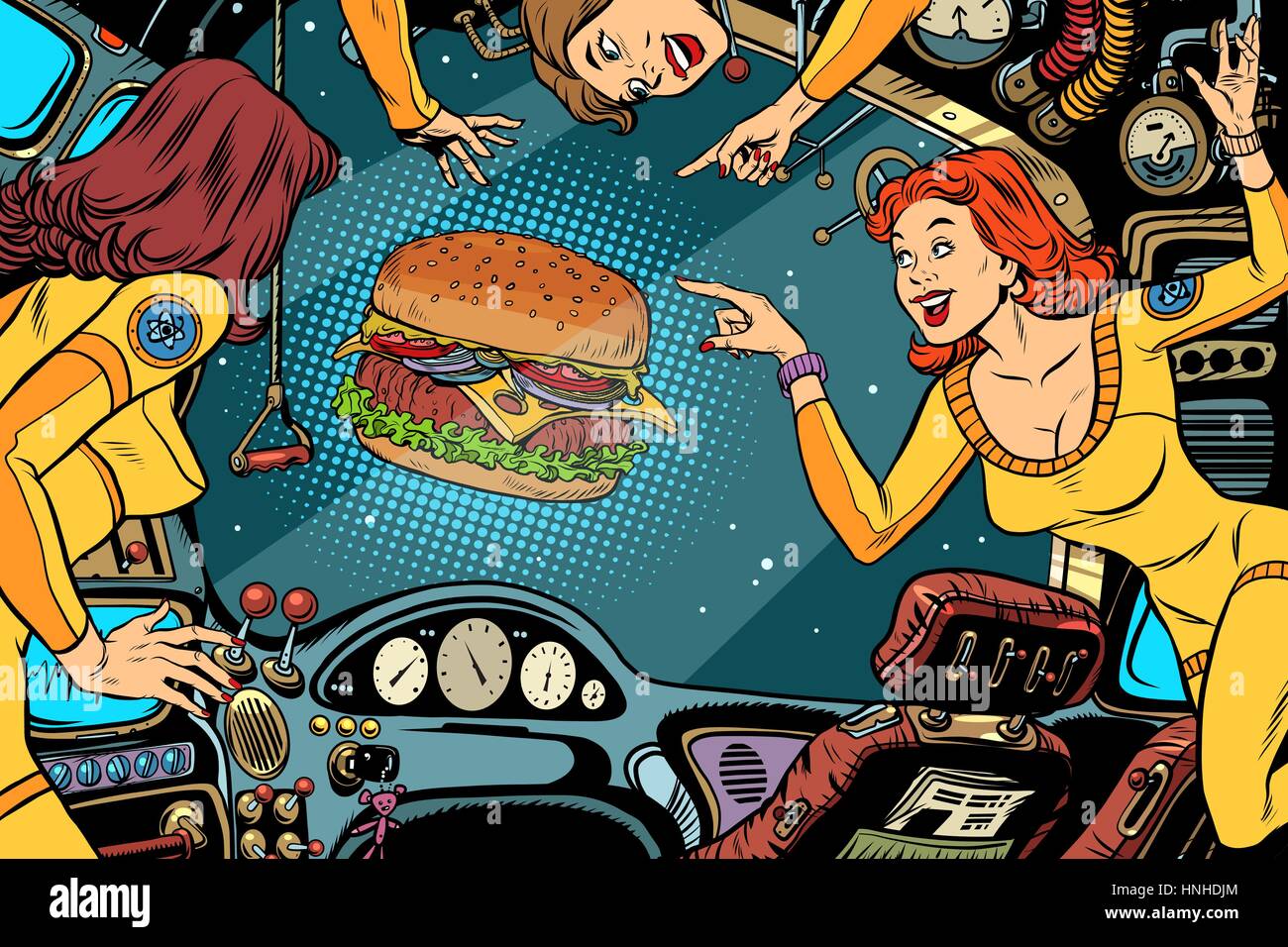 Le donne gli astronauti in cabina di una nave spaziale e Burger fast food. Fumetti Vintage pop art retrò Illustrazione a colori Illustrazione Vettoriale
