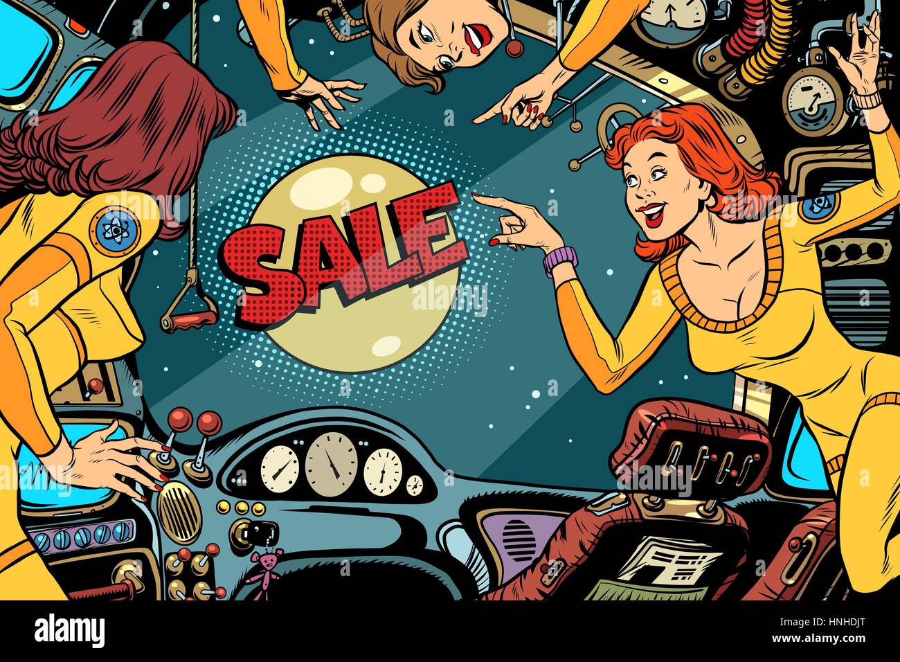 La vendita e le donne gli astronauti in cabina di una astronave guardando fuori dalla finestra. Fumetti Vintage pop art retrò Illustrazione a colori Illustrazione Vettoriale