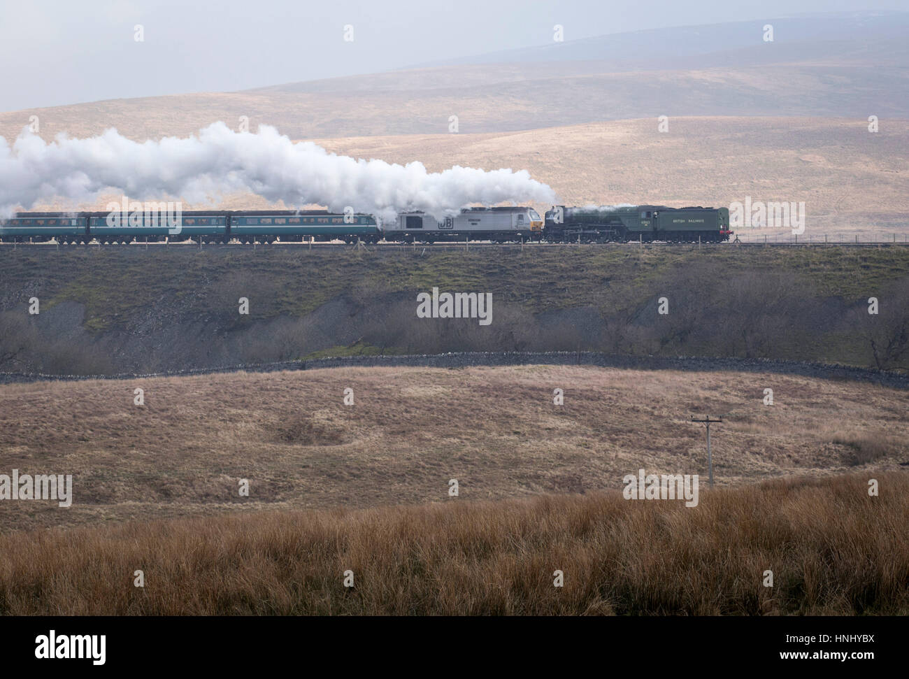 Ribblehead, nello Yorkshire, Regno Unito. Xiv Feb, 2017. Calendario di servizi su un mondo-famoso linea ferroviaria sono alimentate da vapore per la prima volta in decenni di oggi (martedì 14 febbraio 2017) "Tornado' passa sopra il viadotto Ribblehead sulla ferrovia Settle-Carlisle. Tornado è la nuovissima locomotiva a vapore in Gran Bretagna.It è in esecuzione come parte delle celebrazioni per la prossima riapertura della linea dopo le frane. È la prima locomotiva a vapore di bolina, prevista linea principale servizio passeggeri in Gran Bretagna in 50 anni. Foto di credito: Chris Bull/Alamy Live News Foto Stock