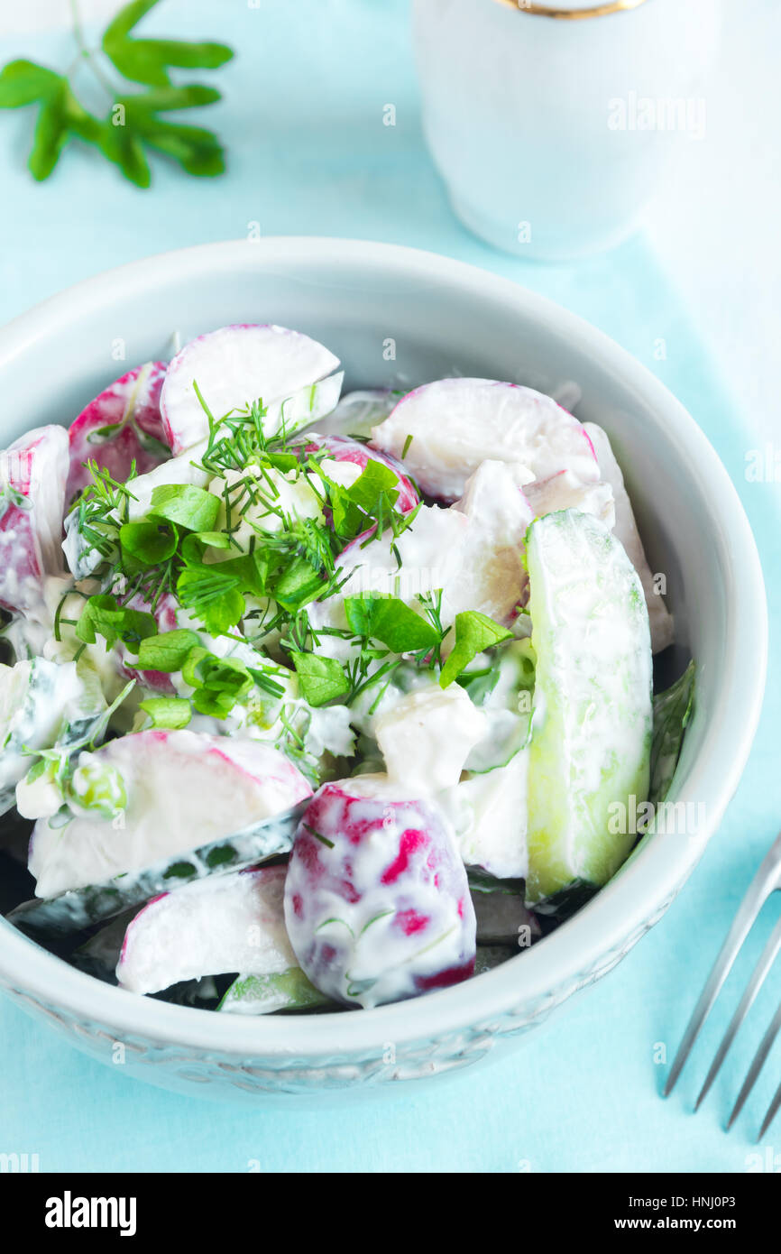 In casa sani cremoso insalata di verdure con verdi su legno rustico sfondo - Il Ravanello di patata e cetriolo insalata cremosa per una sana della primavera o estate Foto Stock
