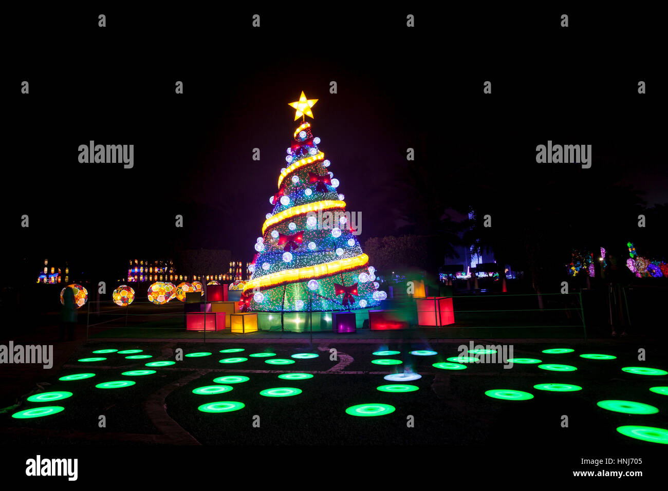 DUBAI, Emirati Arabi Uniti - 6 Dic, 2016: albero di Natale presso il giardino di Dubai Glow family theme park illuminato di notte. Emirati Arabi Uniti, Medio Oriente Foto Stock