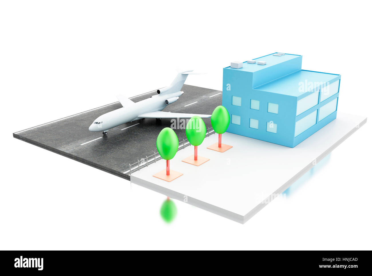 3d'illustrazione. Terminal Aeroportuale e aereo. Il concetto di trasporto. Isolato sfondo bianco Foto Stock