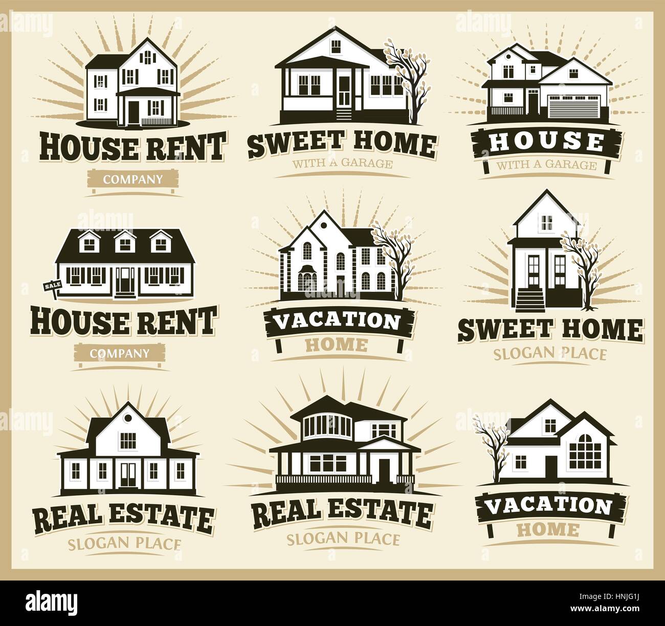 Isolato di color marrone case architettonico icone per il business immobiliare volantini emblemi collezione illustrazione vettoriale. Illustrazione Vettoriale