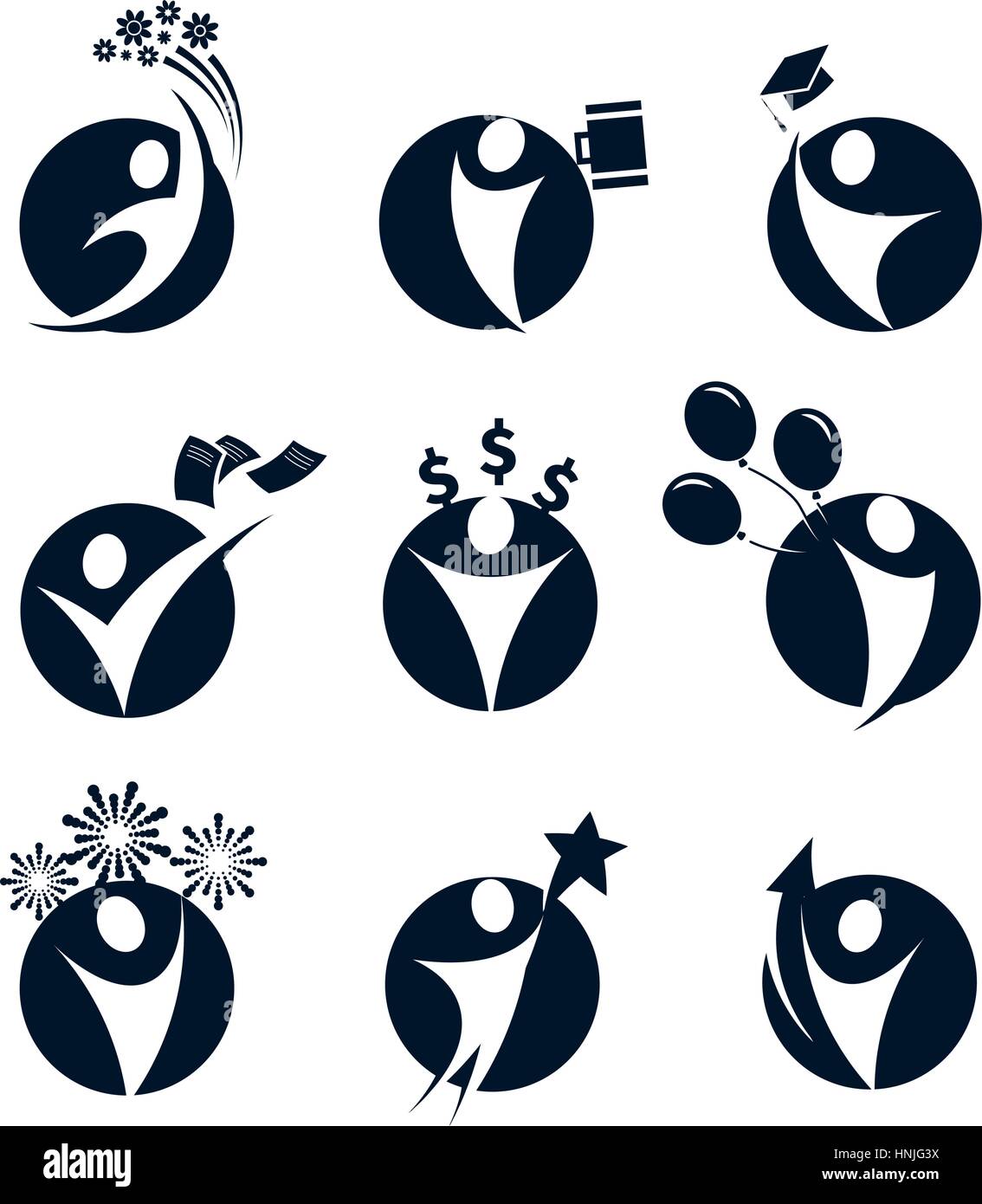 Isolato di forma tonda colore nero astratto corpo umano silhouette set di loghi, business,istruzione, festa simboli illustrazioni vettoriali su sfondo bianco. Illustrazione Vettoriale