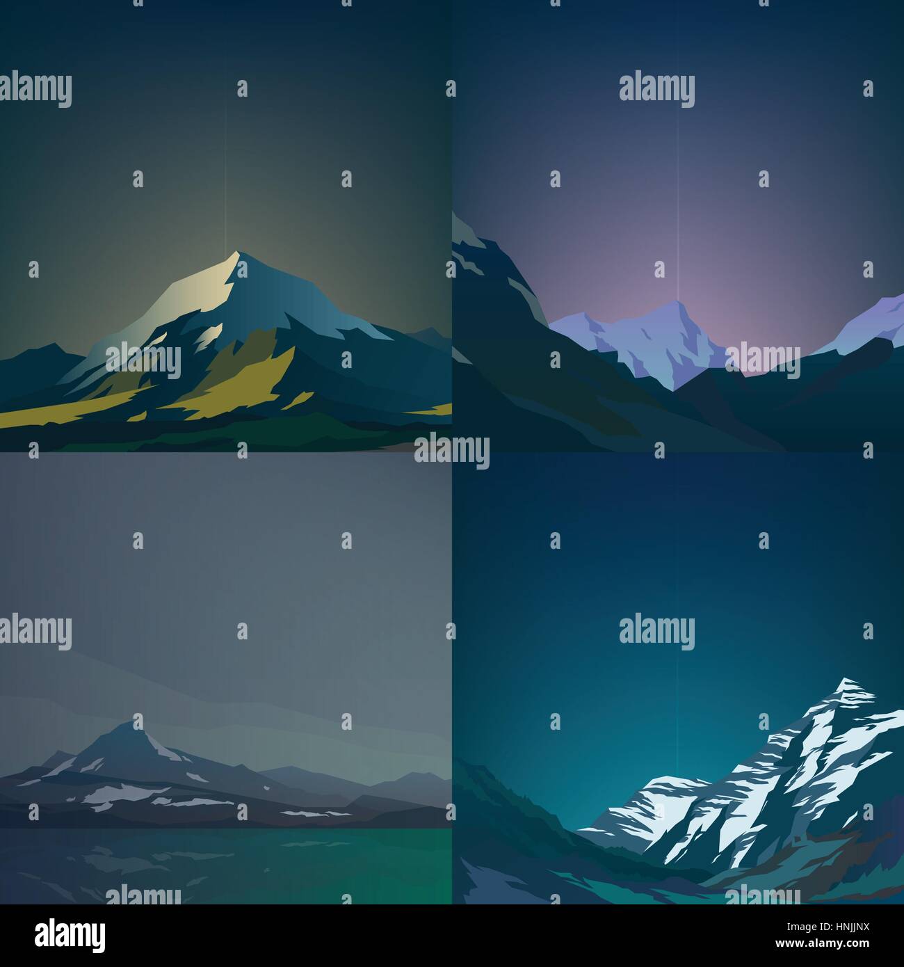 Serie di alte montagne e lago calmo paesaggi d'acqua. Cielo sereno e stelle. Vista spettacolare. Un poster o un banner web. Appartamento moderno design realistico. Vecto Illustrazione Vettoriale