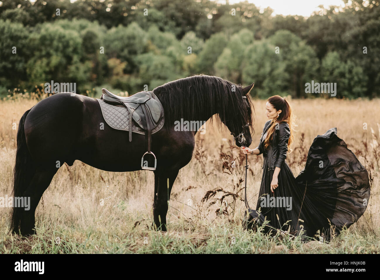 Caucasian giovane donna vestita di nero vestito flowy nel vento, tenendo le corde il suo cavallo nero Foto Stock