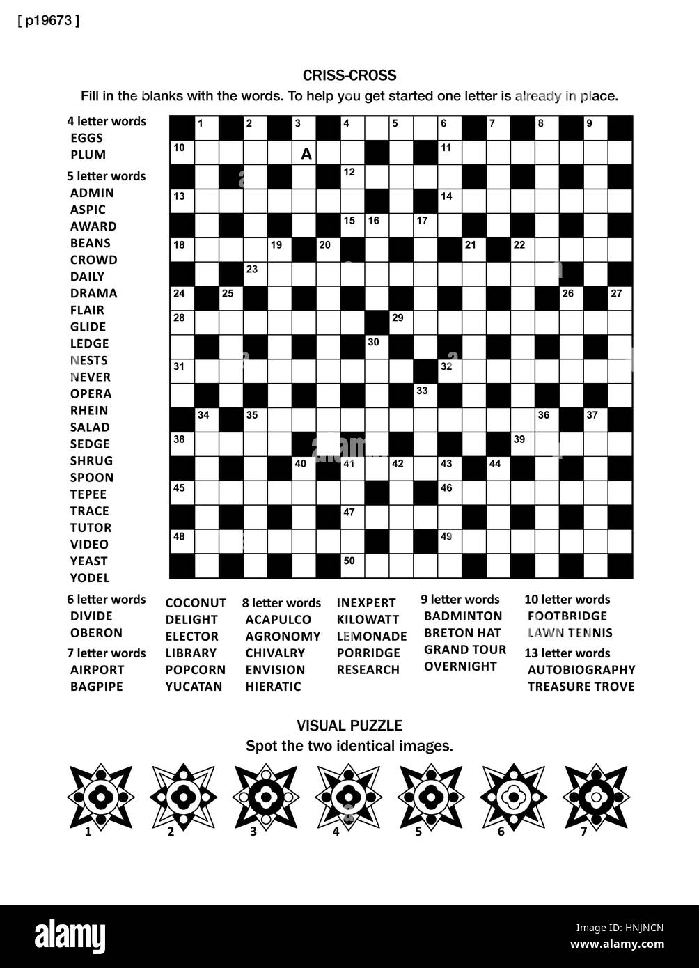 Pagina di puzzle con 19x19 criss-cross gioco di parole (lingua inglese) e picture riddle. A4 o formato letter. Le risposte sono su file separato denominato p19674. Illustrazione Vettoriale