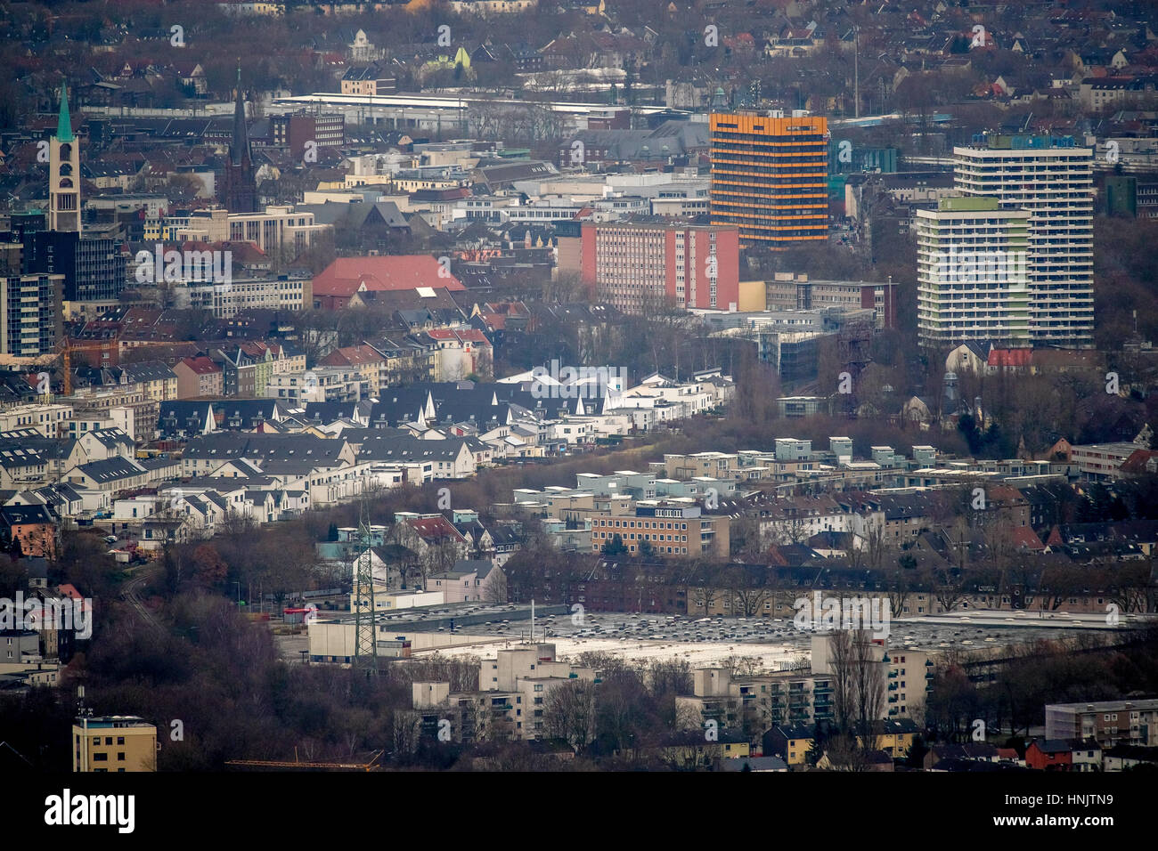 Vista dal nord-ovest al centro della città di Gelsenkirchen, Gelsenkirchen, zona della Ruhr, Nord Reno-Westfalia, Germania Foto Stock