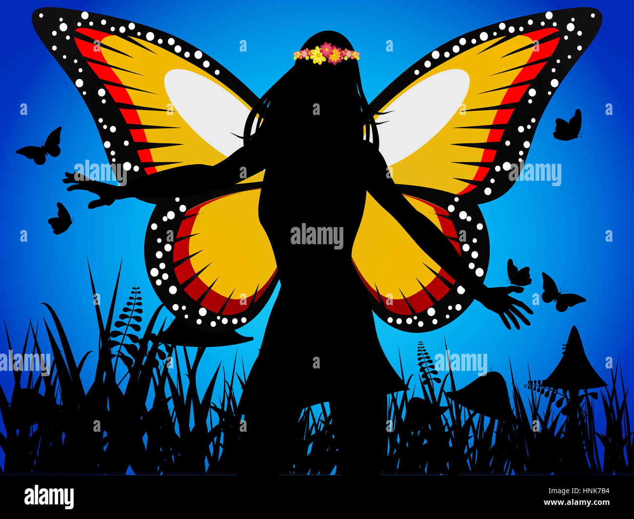 Fairy Queen Silhouette con ali di farfalla e la corona di fiori su sfondo blu scuro Foto Stock