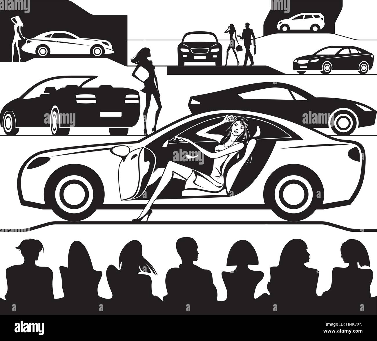Modello di moda presenta una nuova auto in auto show - illustrazione vettoriale Illustrazione Vettoriale