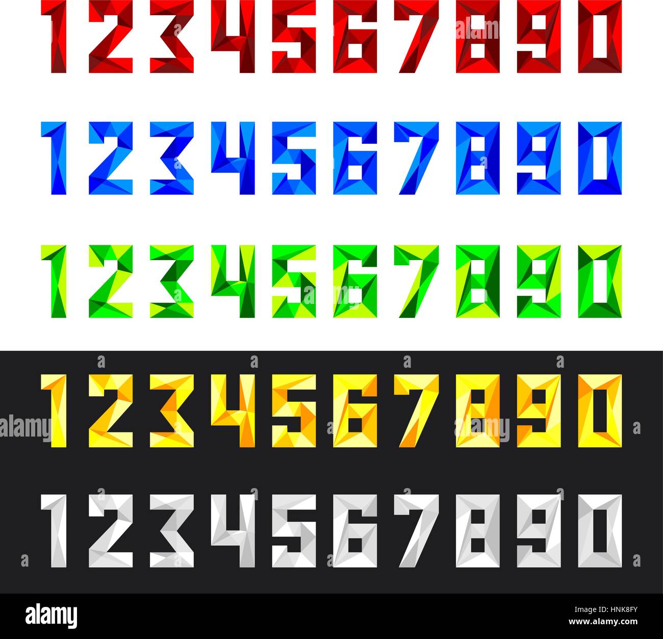 Le figure 1, 2, 3, 4, 5, 6, 7, 8, 9, 0 in formato vettoriale. Serie di numeri da 0 a 9 in stile poligonale. Set numerico in cinque colori - rosso, blu, verde Illustrazione Vettoriale