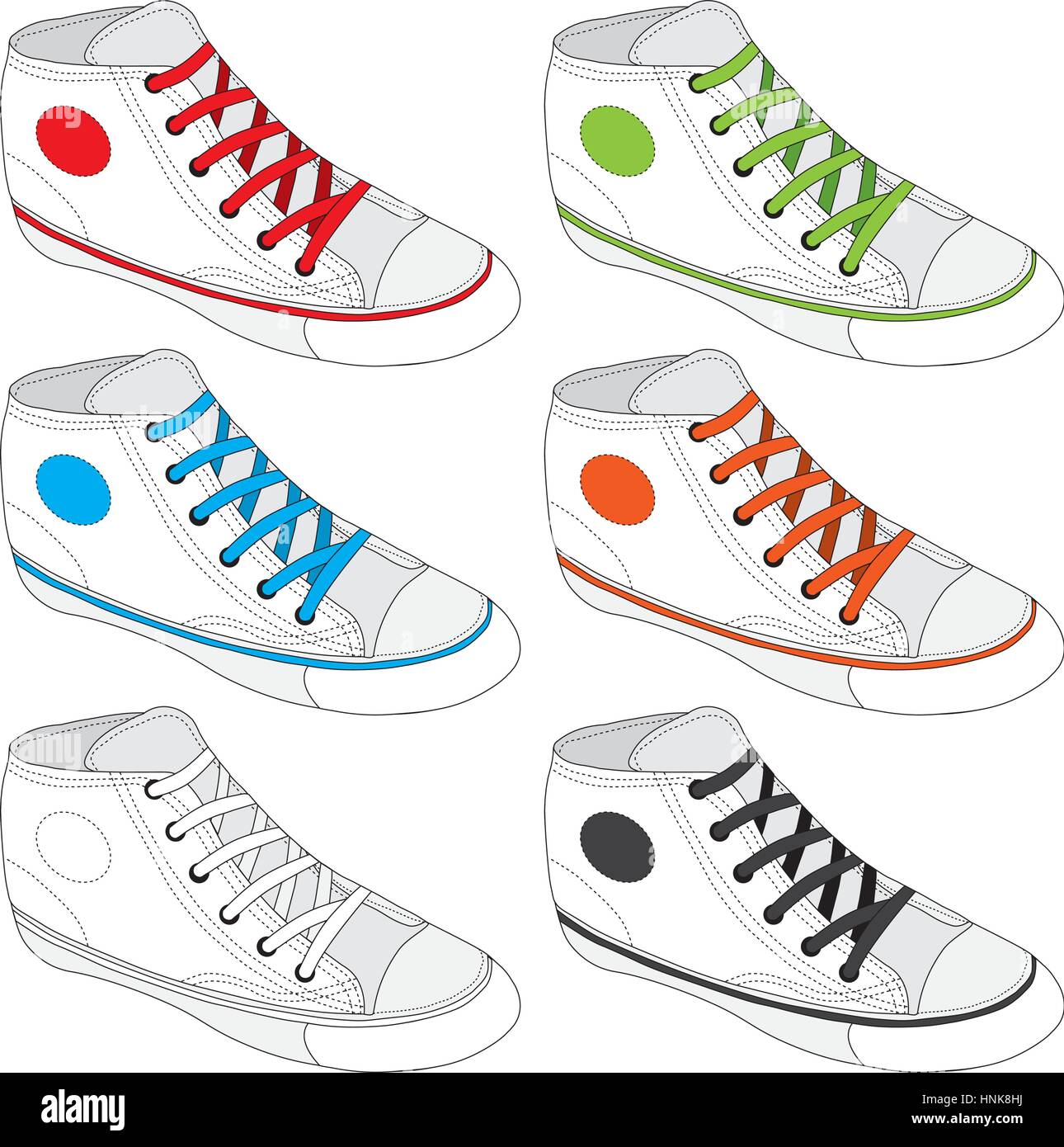 Classic sneaker abbozzato. Vettore, completamente modificabile. Set di scarpe da ginnastica o sneakers icone in diverse viste. Calzature e pizzi, abbigliamento e street styl Illustrazione Vettoriale
