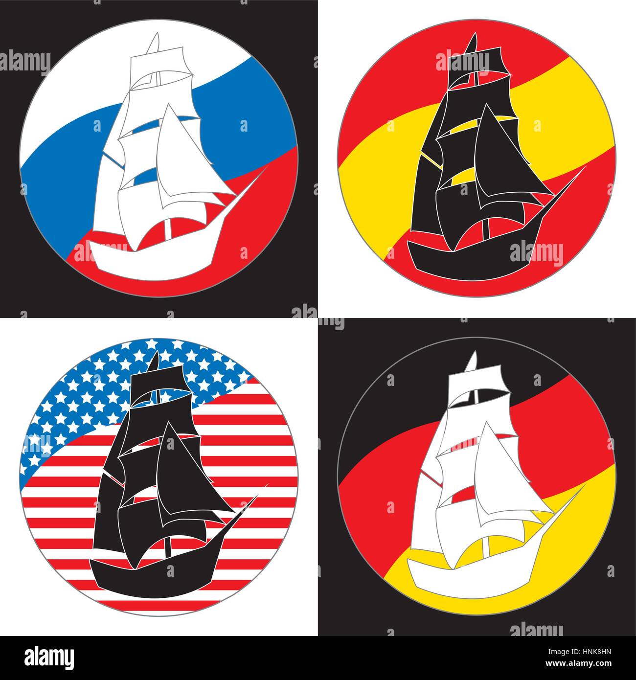 Vintage Logo nave barca a vela design template vettoriale. Antico veliero pirata logotipo concetto silhouette icona. Sullo sfondo delle bandiere di countri Illustrazione Vettoriale