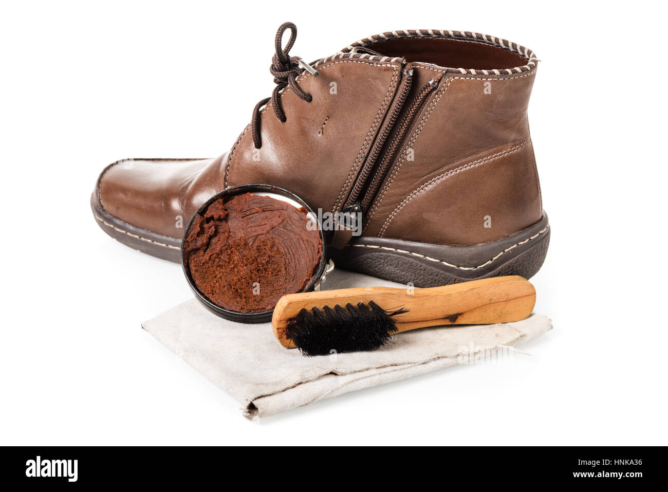 Brown stivali in pelle con scarpa set di manutenzione Foto Stock
