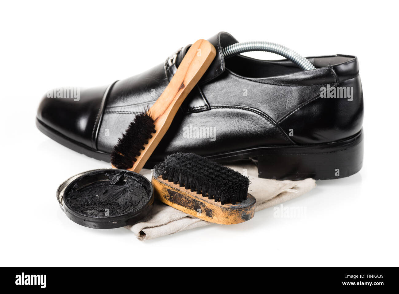 Nero stivali in pelle con scarpa set di manutenzione Foto Stock