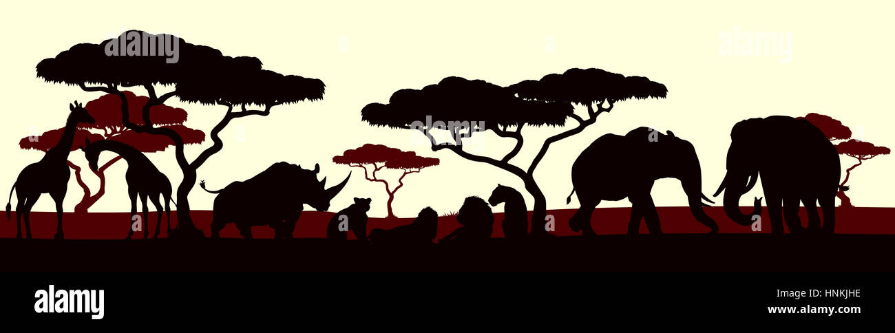 Un safari Africano silhouette animale paesaggio di scena Foto Stock