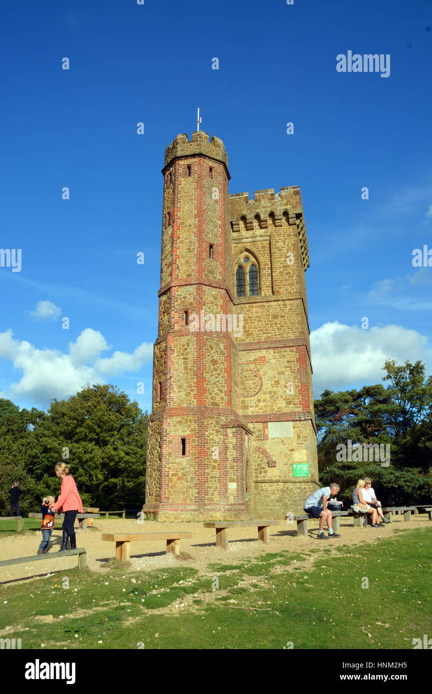 Leith Hill, Regno Unito - Ottobre 03, 2014: i turisti in visita a Leith Hill Tower sulla sommità del North Downs nel Surrey comanda una vista a 360 gradi da Foto Stock