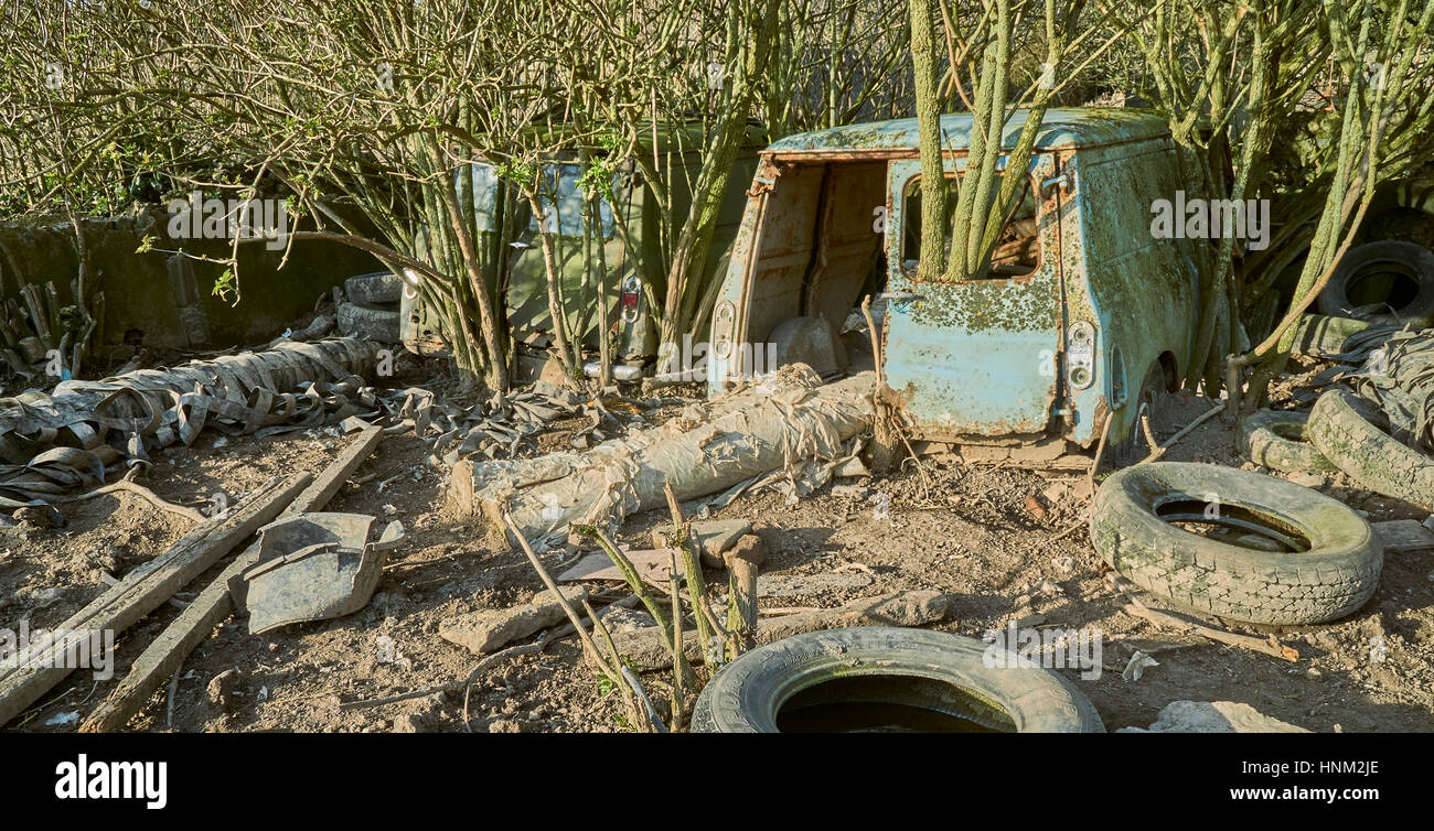 Auto abbandonate in una vecchia aia Foto Stock