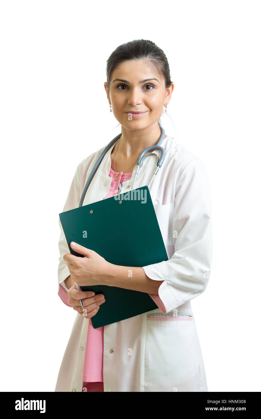 Giovani donne medico con appunti su sfondo bianco Foto Stock