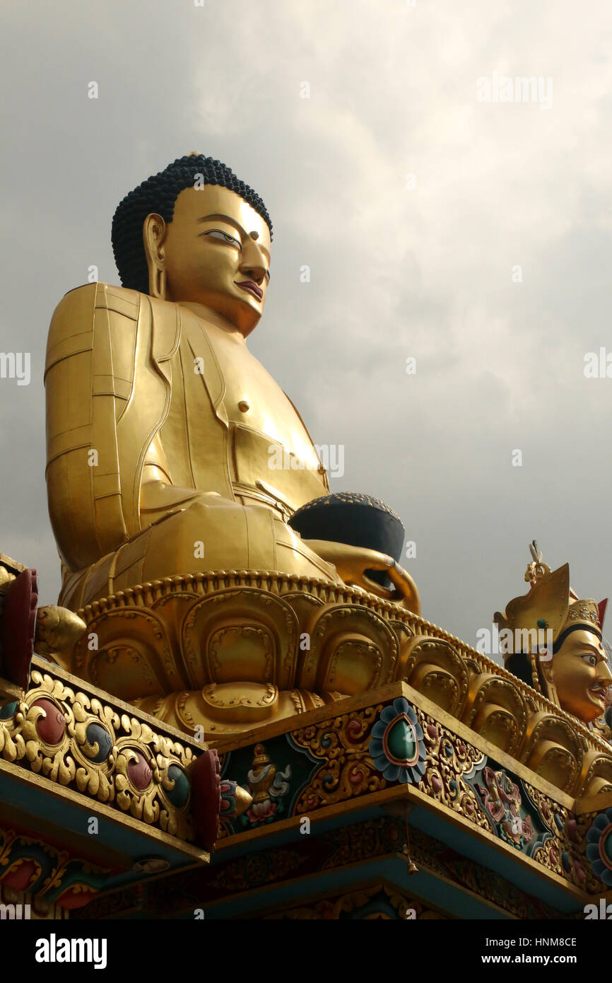 Statua dorata di Buddha, Swayambhu Nath temple, Kathmandu, Nepal Foto Stock