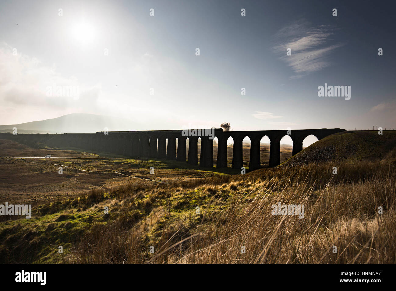 Ribblehead, nello Yorkshire, Regno Unito. Xiv Feb, 2017. Calendario di servizi su un mondo-famoso linea ferroviaria sono alimentate da vapore per la prima volta in decenni di oggi (martedì 14 febbraio 2017) "Tornado' passa sopra il viadotto Ribblehead sulla ferrovia Settle-Carlisle. Tornado è la nuovissima locomotiva a vapore in Gran Bretagna.It è in esecuzione come parte delle celebrazioni per la prossima riapertura della linea dopo le frane. È la prima locomotiva a vapore di bolina, prevista linea principale servizio passeggeri in Gran Bretagna in 50 anni. Credito: Chris Bull/Alamy Live News Foto Stock