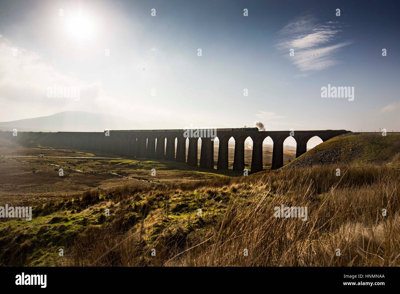 Ribblehead, nello Yorkshire, Regno Unito. Xiv Feb, 2017. Calendario di servizi su un mondo-famoso linea ferroviaria sono alimentate da vapore per la prima volta in decenni di oggi (martedì 14 febbraio 2017) "Tornado' passa sopra il viadotto Ribblehead sulla ferrovia Settle-Carlisle. Tornado è la nuovissima locomotiva a vapore in Gran Bretagna.It è in esecuzione come parte delle celebrazioni per la prossima riapertura della linea dopo le frane. È la prima locomotiva a vapore di bolina, prevista linea principale servizio passeggeri in Gran Bretagna in 50 anni. Credito: Chris Bull/Alamy Live News Foto Stock
