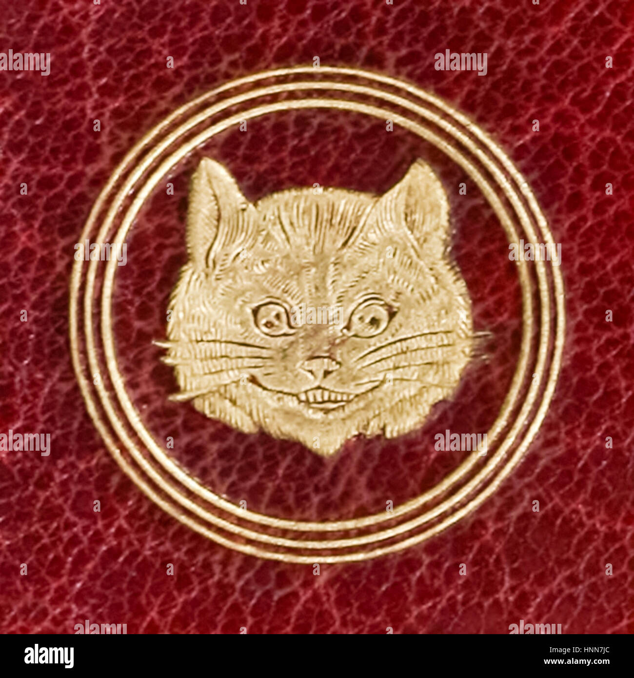 Close-up del Cheshire cat in rilievo sul retro di copertina di un borgogna Marocco cuoio edizione di "Alice nel paese delle meraviglie" da Lewis Carroll (1832-1898), pubblicato nel 1865. Foto Stock Close-up del Cheshire cat in rilievo sul retro di copertina di un borgogna Marocco cuoio edizione di "Alice nel paese delle meraviglie" da Lewis Carroll (1832-1898), pubblicato nel 1865. Foto Stock