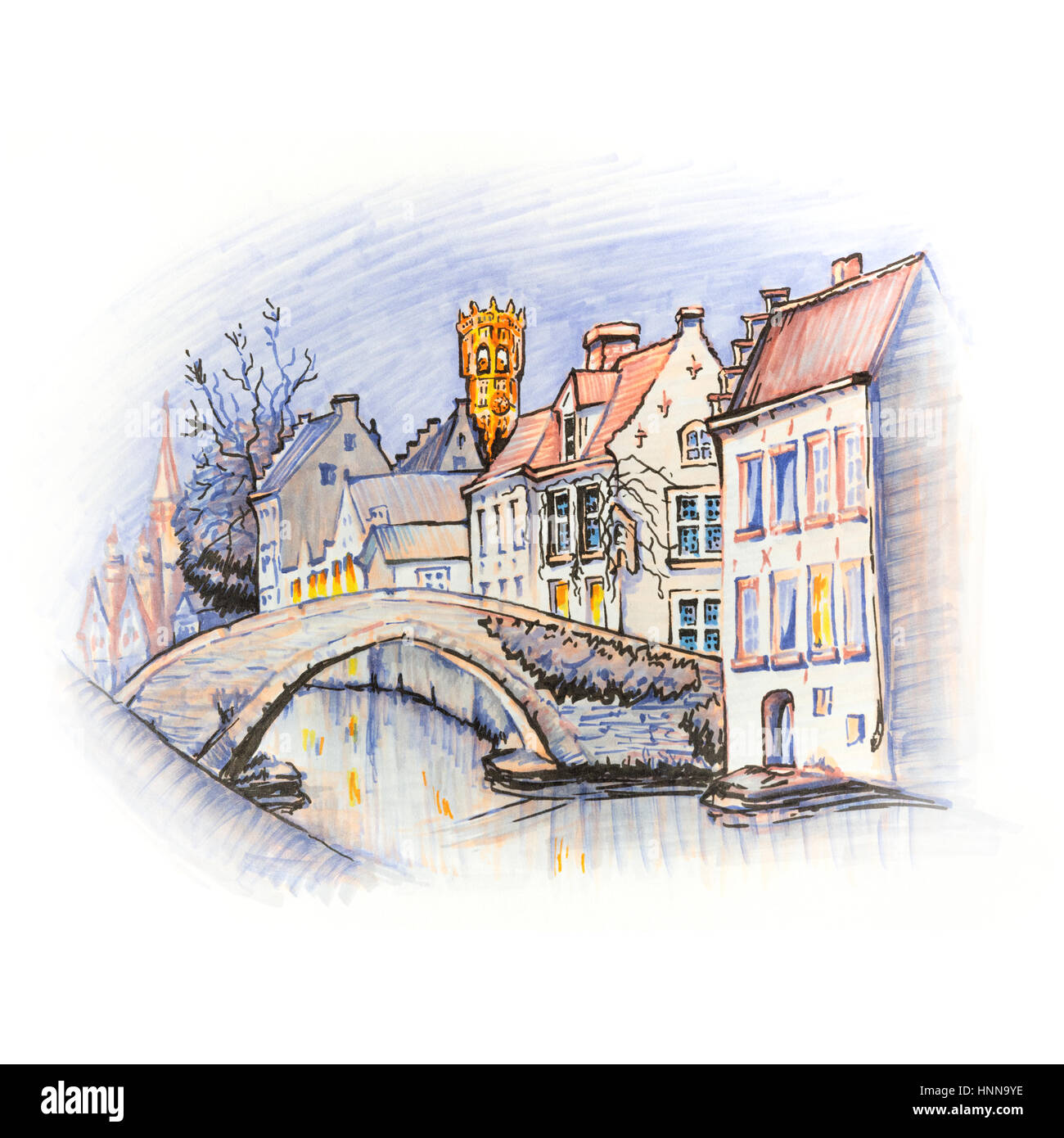 Città panoramica vista del canale di Bruges con belle case Foto Stock