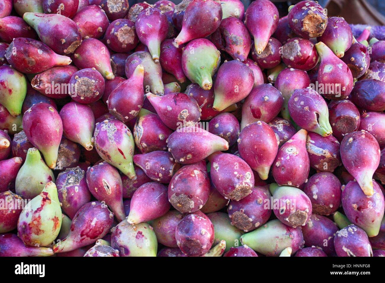 Frutti di cactus (Opuntia ficus-indica, Indian fig opuntia, barberia fig, ficodindia ) sul mercato di Marrakesh, Marocco Foto Stock