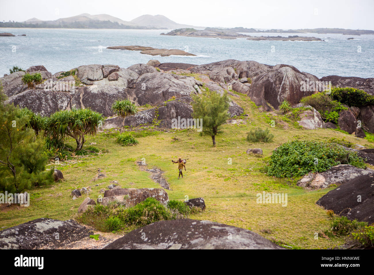 Un uomo che cammina nel campo verde a costa sud est del Madagascar (a Fort Dauphin - Tôlanaro/ Tolagnaro area). Il bordo dell'Oceano Indiano coun Foto Stock