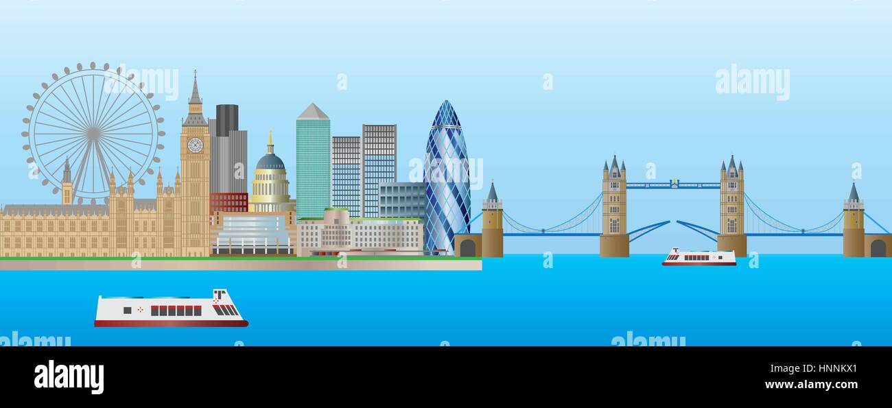Londra Inghilterra Skyline Panorama con il Tower Bridge e il Palazzo di Westminster illustrazione Illustrazione Vettoriale