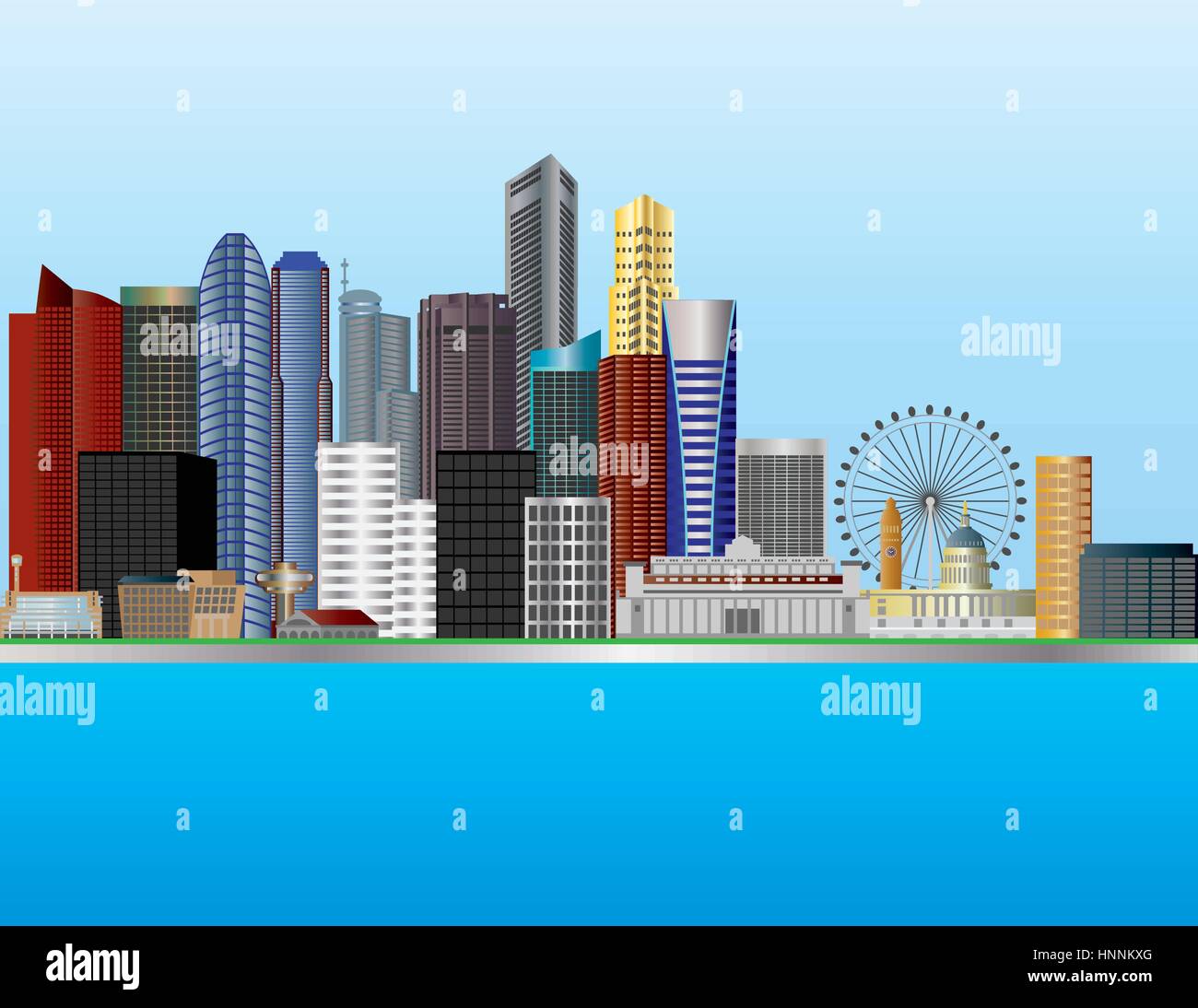 La città di Singapore dalla bocca del Fiume Singapore Skyline illustrazione Illustrazione Vettoriale