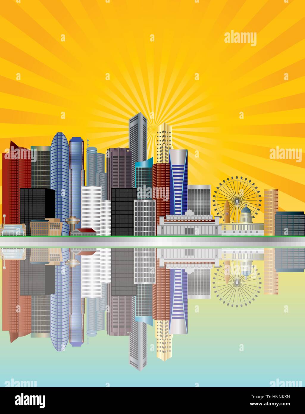 Singapore skyline della città la riflessione lungo la foce del Fiume Singapore con raggi di sole illustrazione dello sfondo Illustrazione Vettoriale