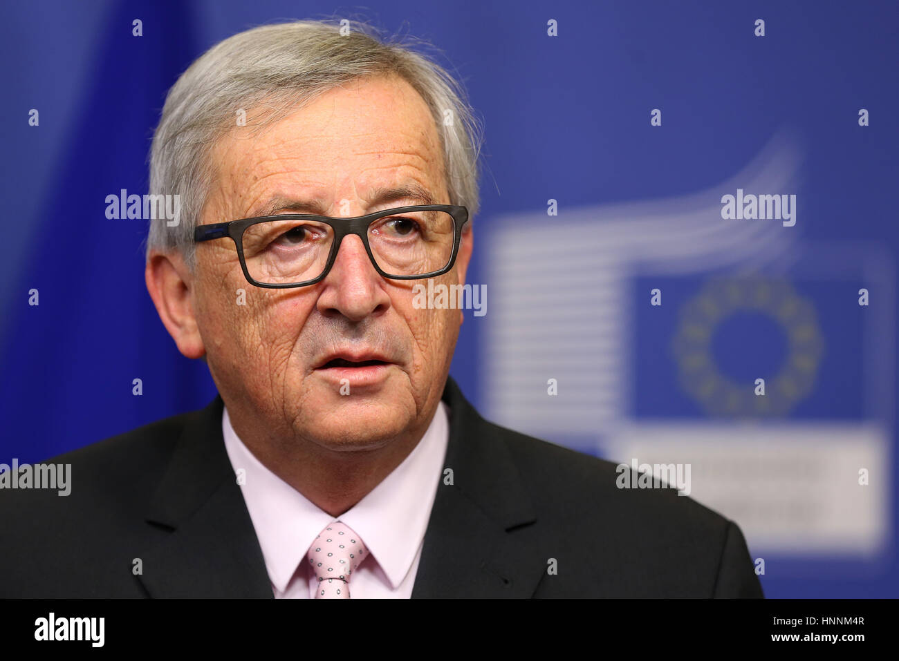 Bruxelles, Belgio - 30 Gennaio 2017: il Presidente della Commissione Europea Jean Claude Juncker parla ai media dopo un incontro con il presidente bulgaro a livello di Unione europea egli Foto Stock