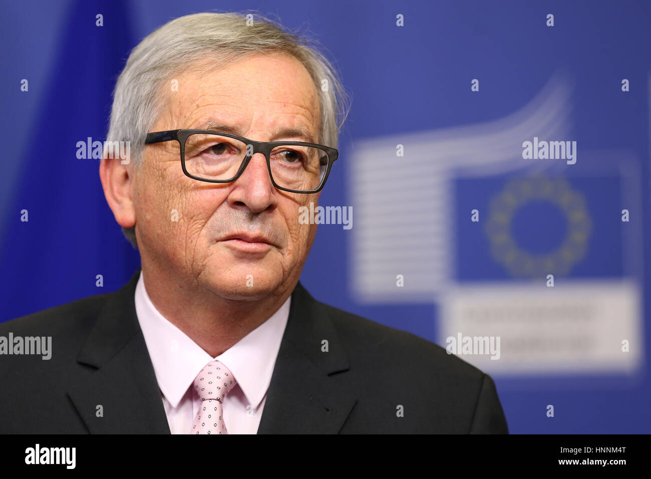 Bruxelles, Belgio - 30 Gennaio 2017: il Presidente della Commissione Europea Jean Claude Juncker parla ai media dopo un incontro con il presidente bulgaro a livello di Unione europea egli Foto Stock