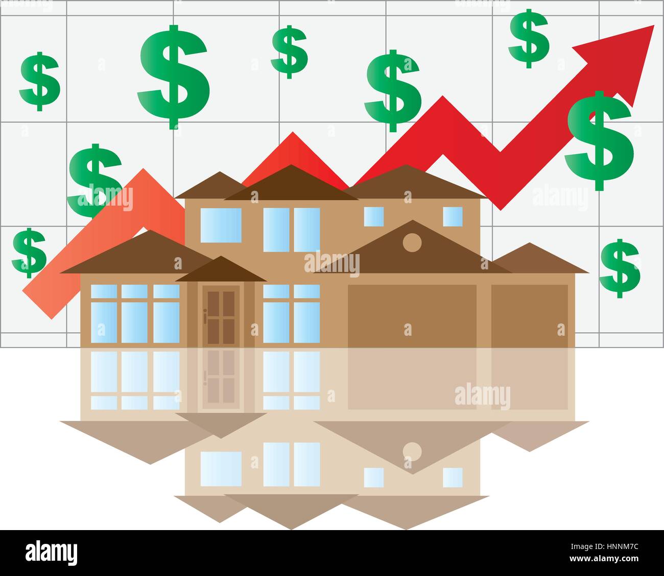 Home valore grafico in salita con casa freccia segni di dollaro grafico illustrazione Illustrazione Vettoriale