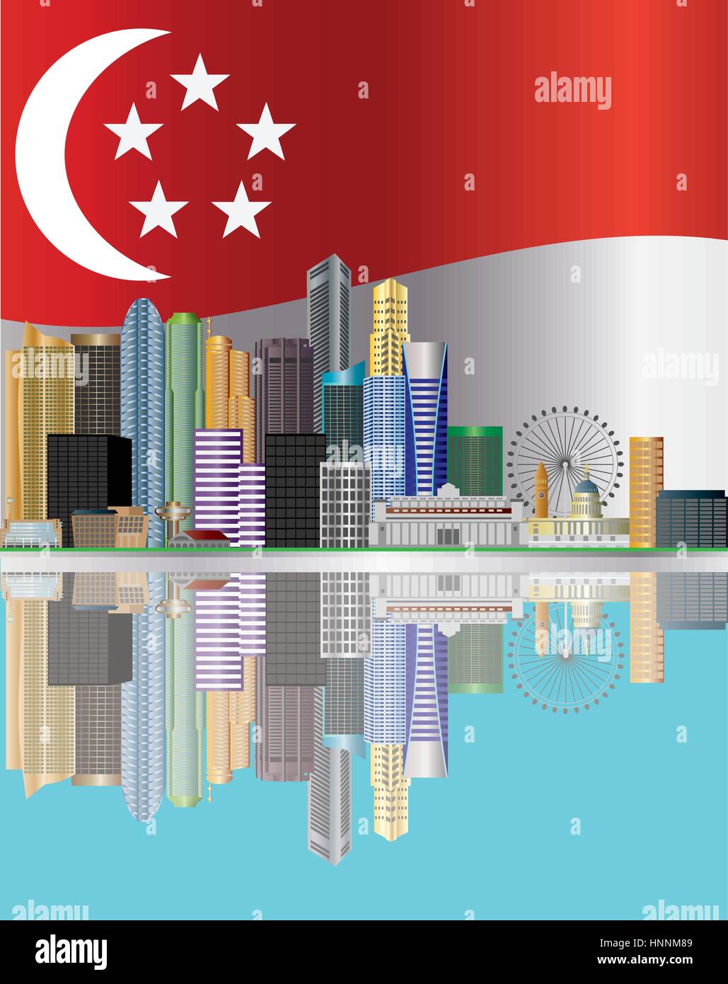 Singapore skyline della città riflessione con la Bandiera di Singapore illustrazione dello sfondo Illustrazione Vettoriale