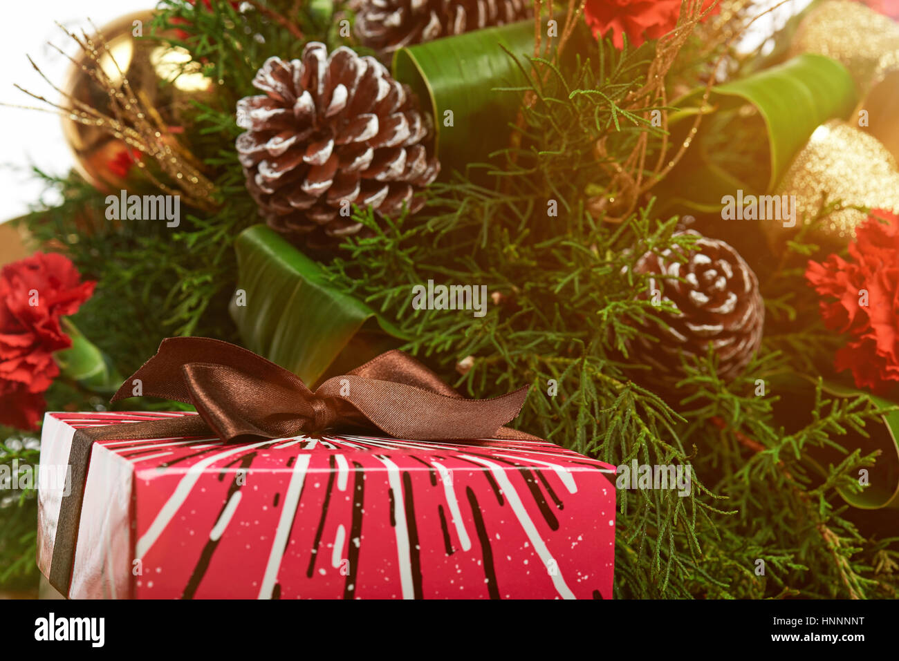 Vacanze di Natale decorazione con cono di pino e fiori e confezione regalo Foto Stock