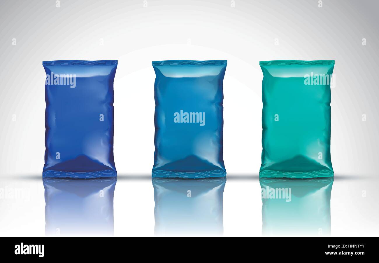 Alluminio sacchetti snack di colore blu, azzurro e blu royal, sfondo bianco, 3d illustrazione Illustrazione Vettoriale