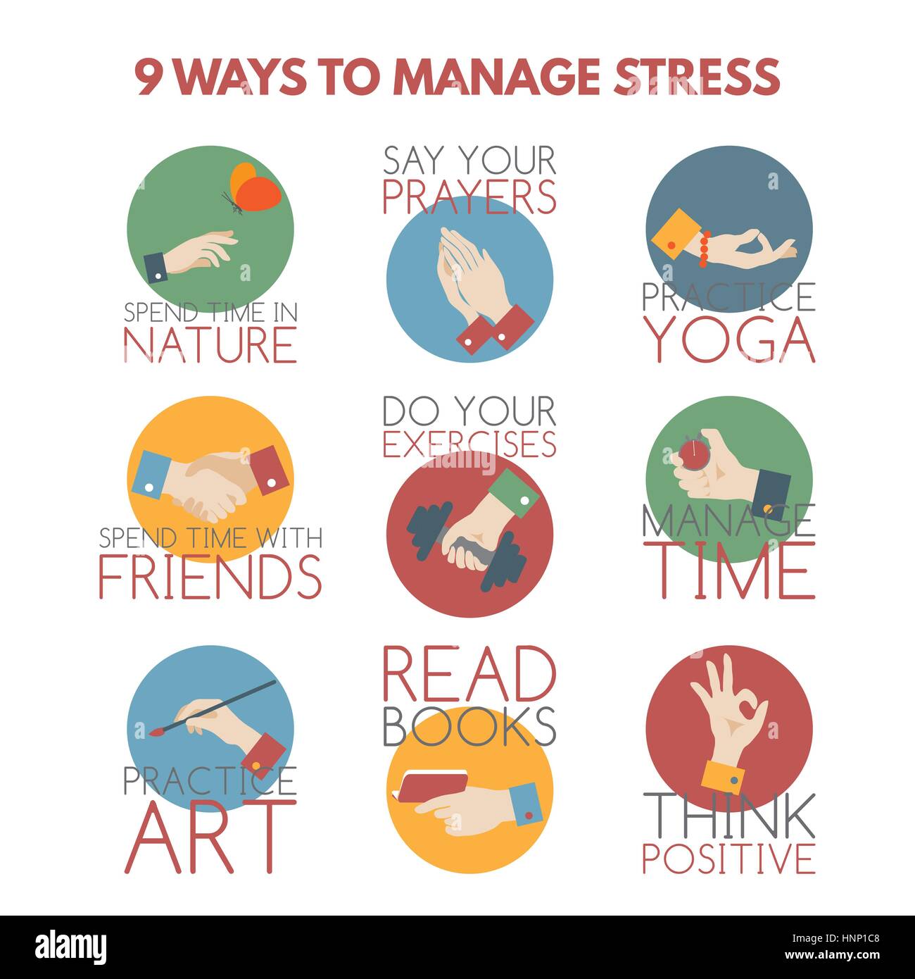 Uno stile piatto ed infografico sulla gestione dello stress. Illustrazione Vettoriale