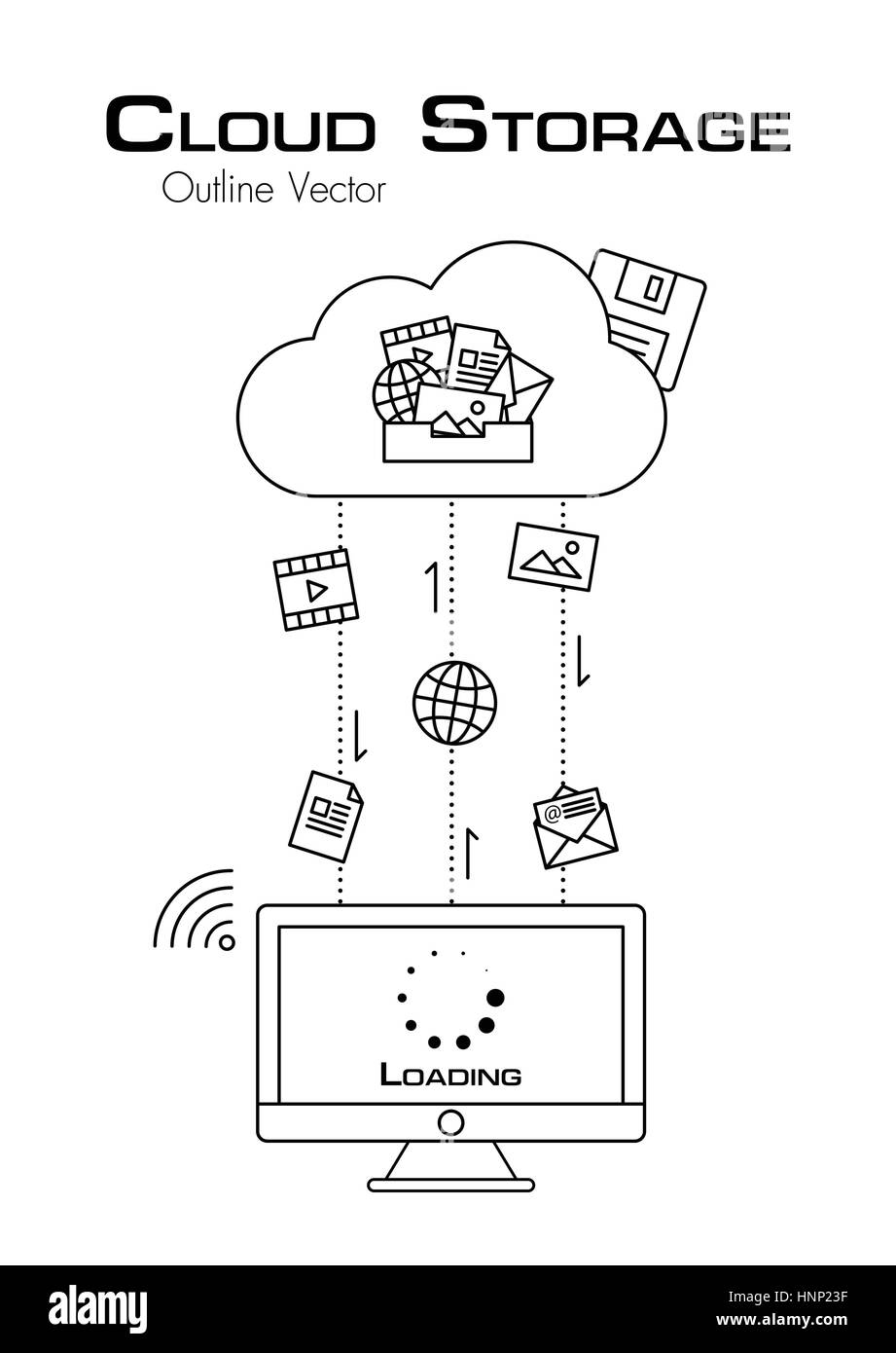 Il Cloud Storage . Più il file è stato scaricato da server cloud per computer desktop . Outline stile . design piatto . Illustrazione Vettoriale
