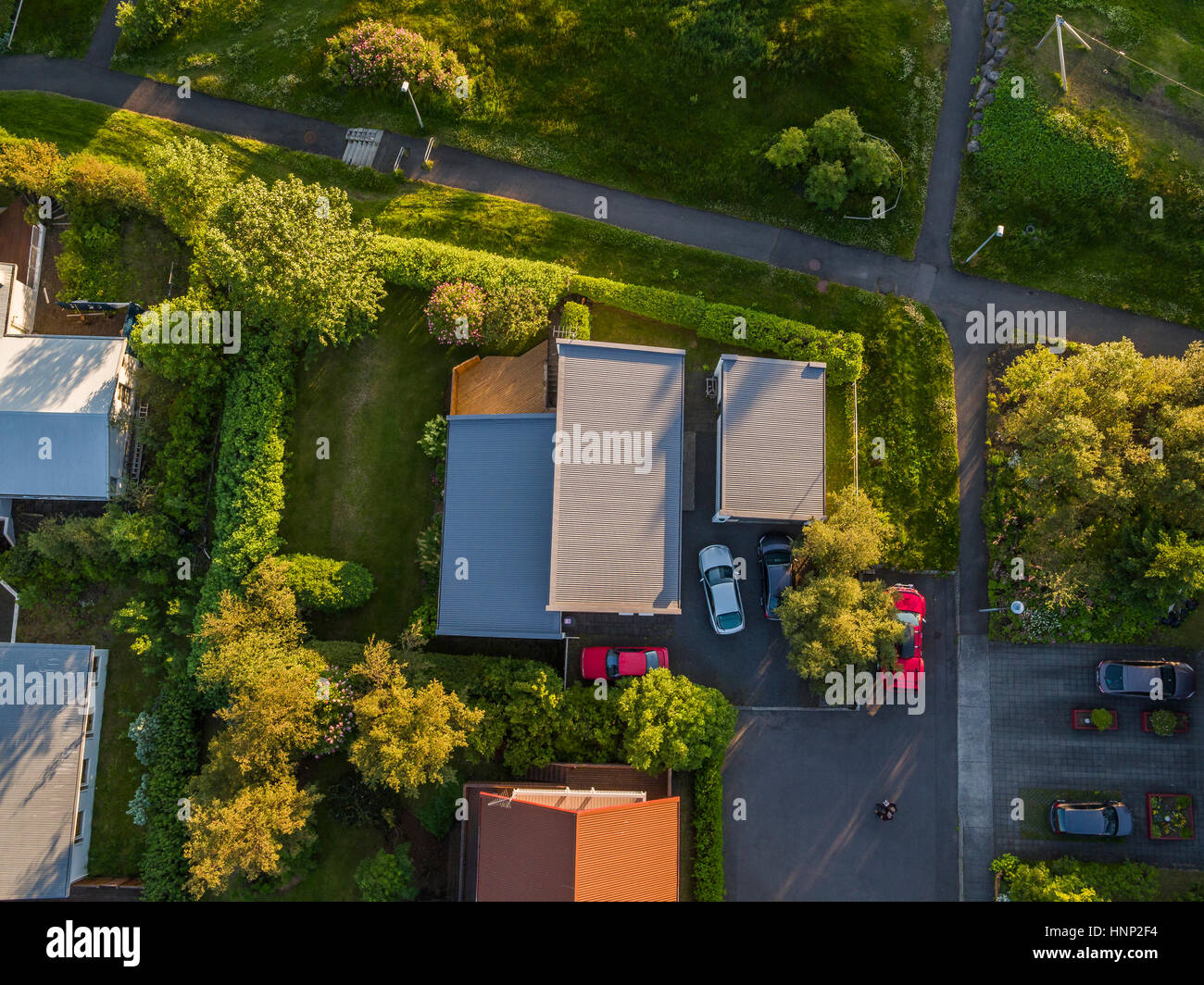 Vista aerea di abitazioni private in Grafarvogur, un sobborgo di Reykjavik, Islanda Foto Stock