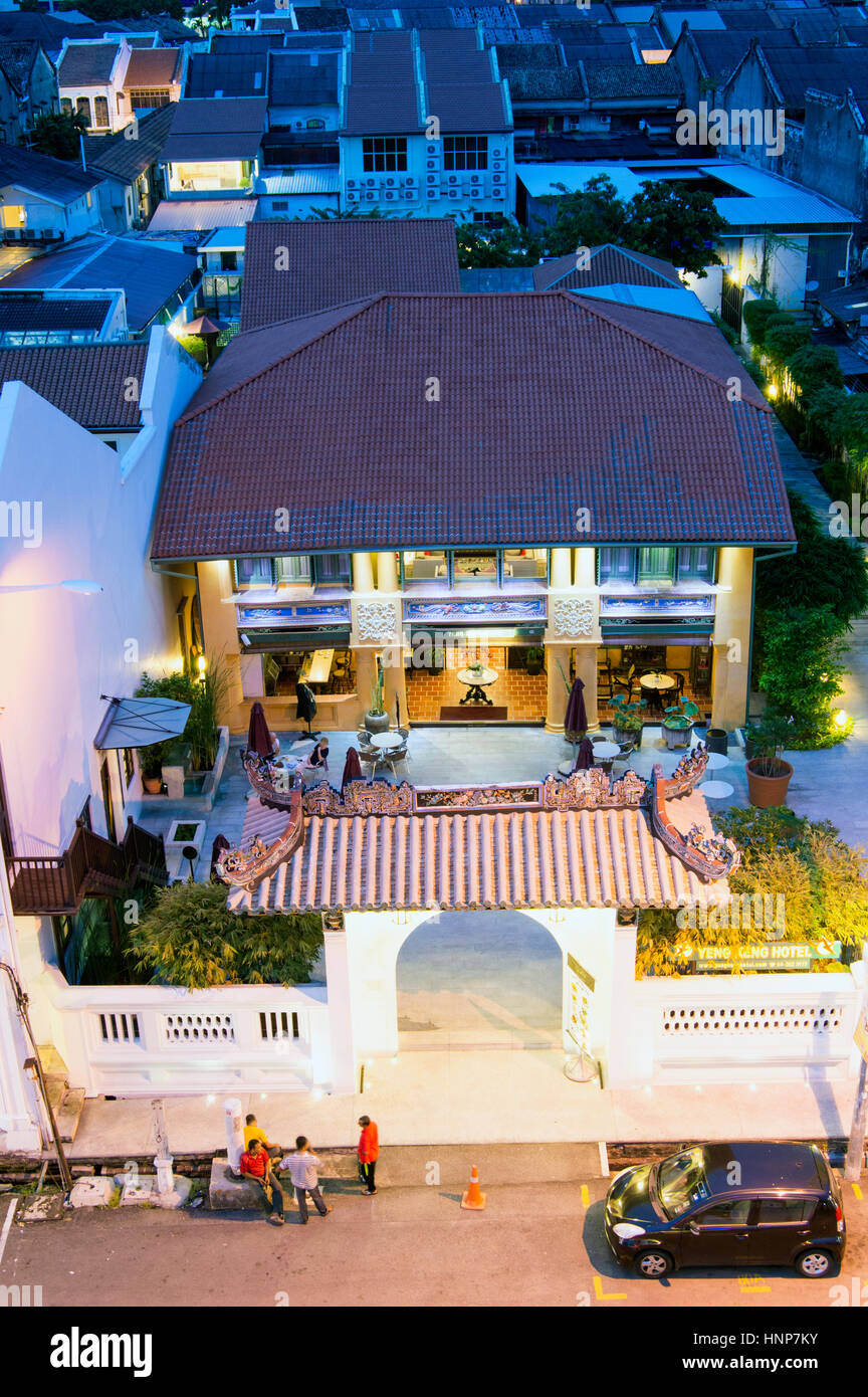 Vista aerea di notte, Yang Kang Hotel, Lebuh Chulia, Georgetown, Penang, Malaysia Foto Stock