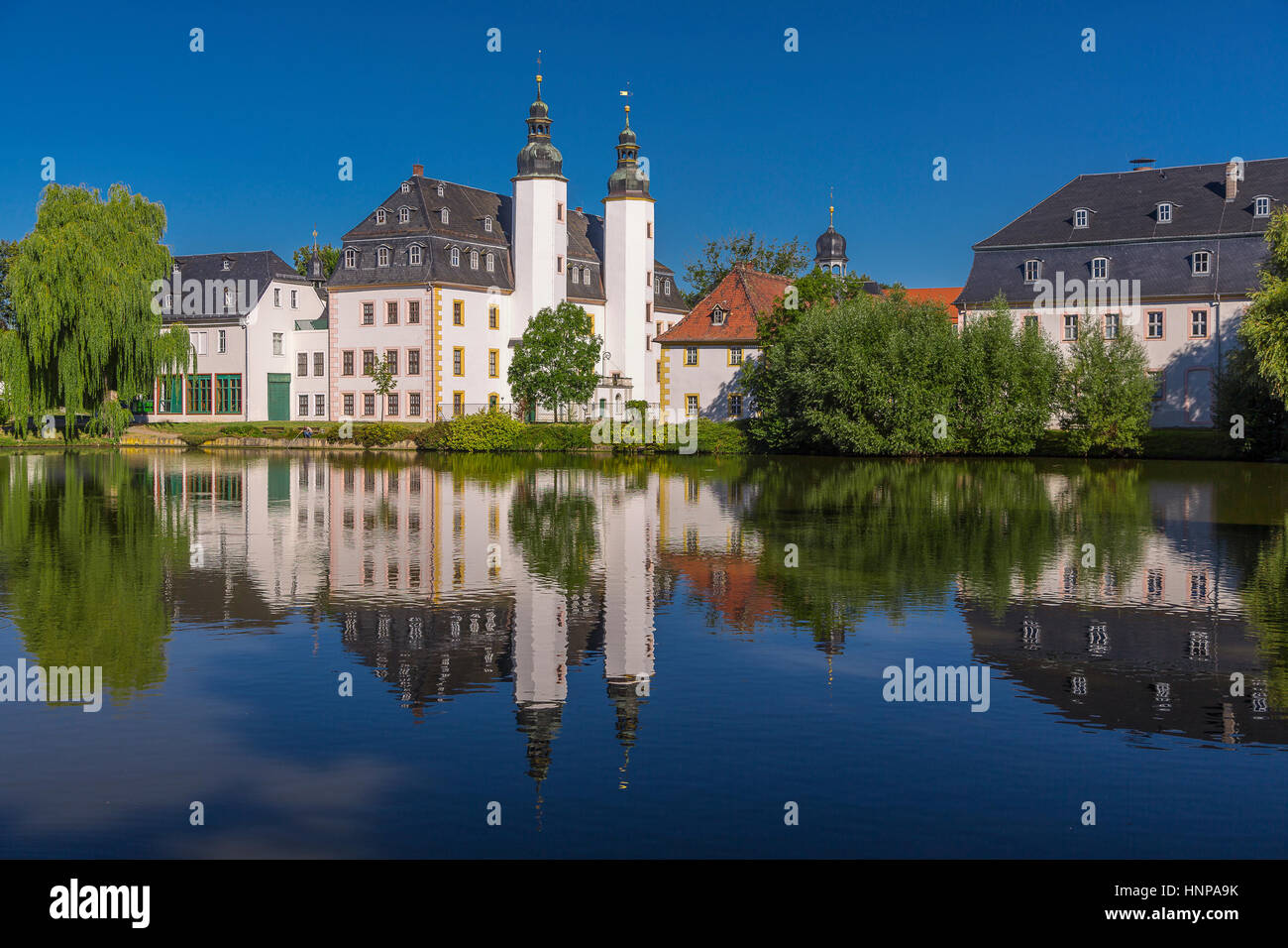 Blankenhain Castello, Museo tedesco dell'agricoltura, acqua riflessione, Crimmitschau, Bassa Sassonia, Germania Foto Stock