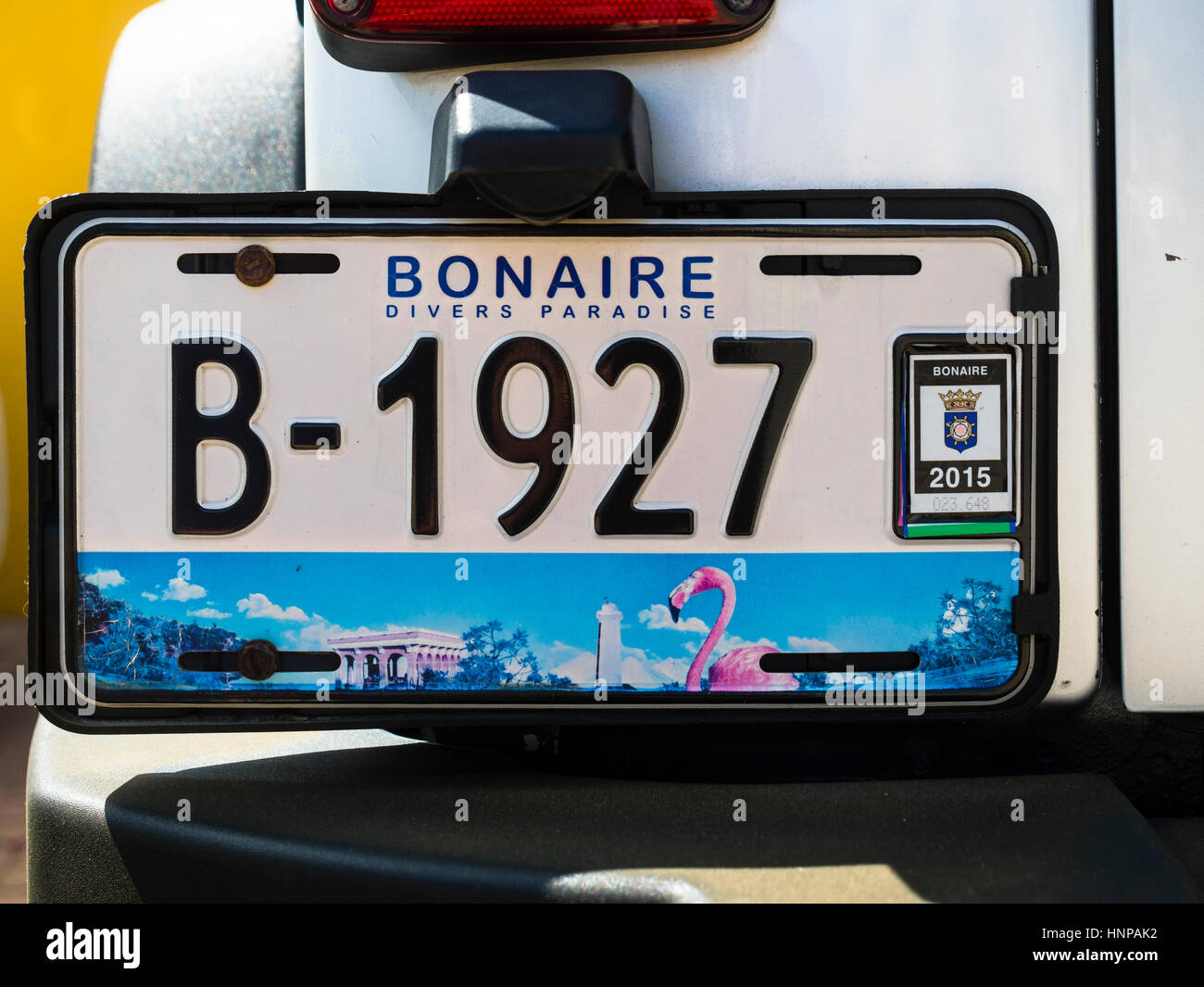 La targa di un automobile, Kralendijk Bonaire Island, Bonaire, Antille olandesi Foto Stock