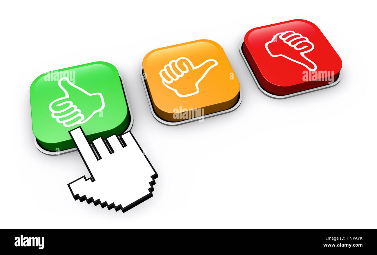 Soddisfazione del cliente fare clic su feedback positivo business pulsante e concetto di commercializzazione. Foto Stock