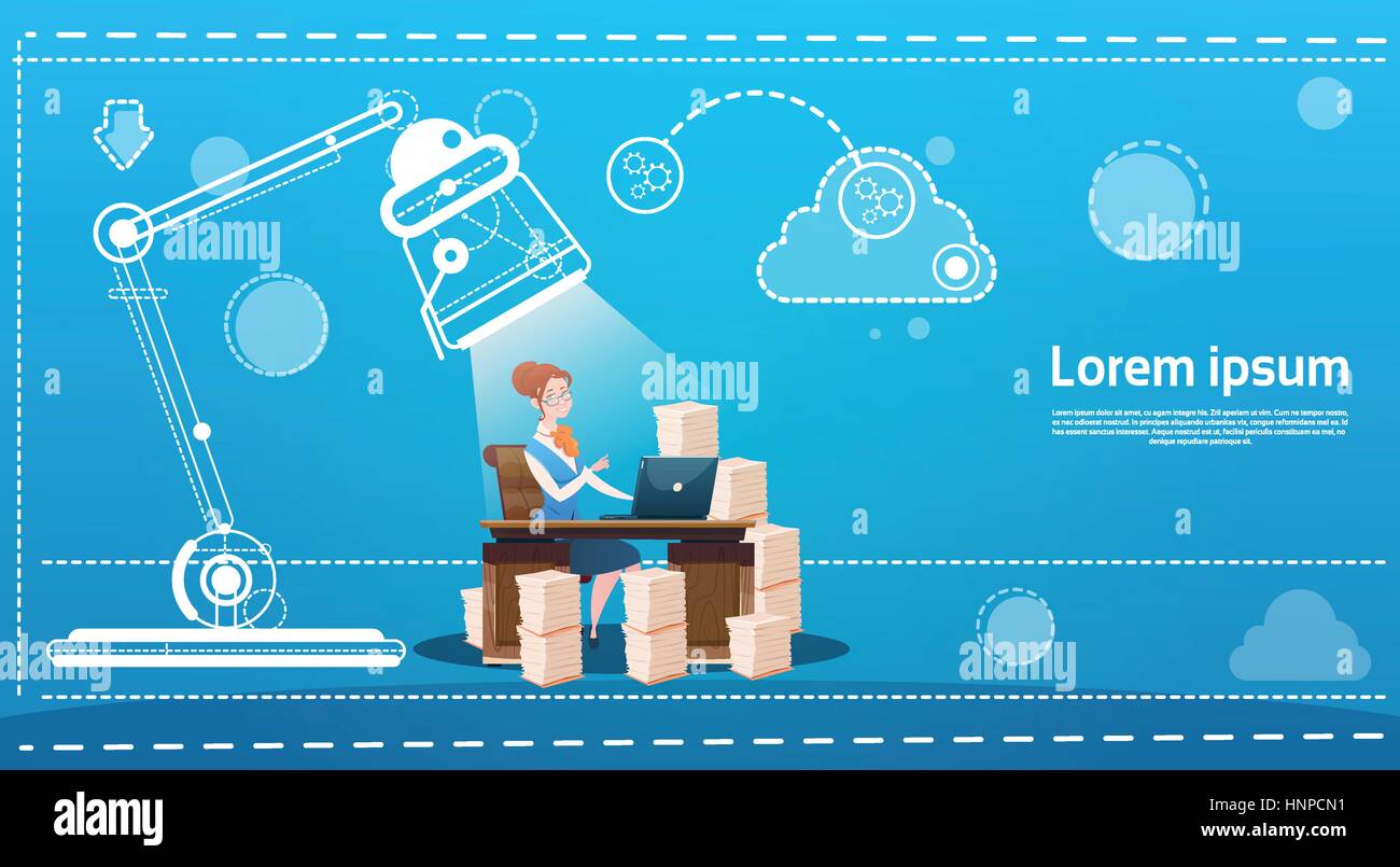 Business donna seduta Desk Office luogo di lavoro portatile la digitazione Illustrazione Vettoriale