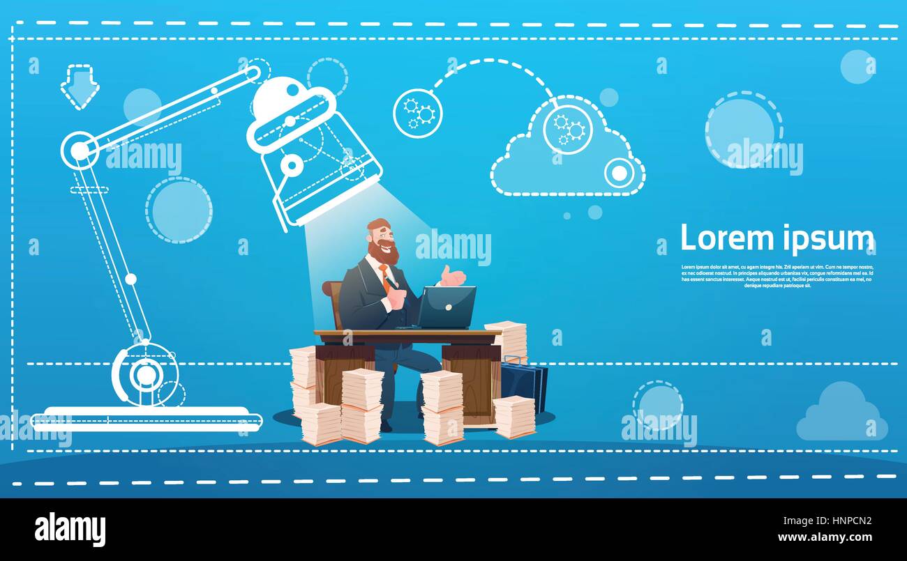 Business uomo seduto Desk Office luogo di lavoro portatile la digitazione Illustrazione Vettoriale